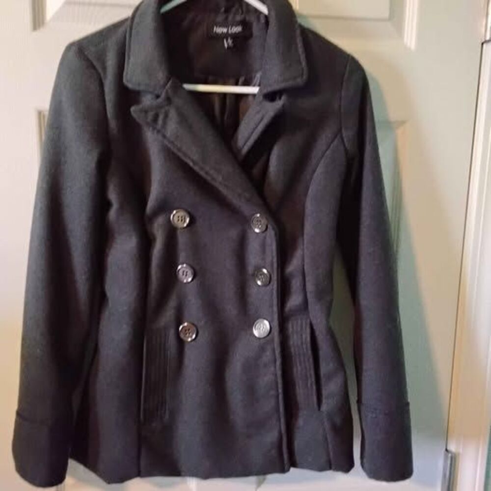 Women's gray wool blend double-breasted peacoat, Size Small